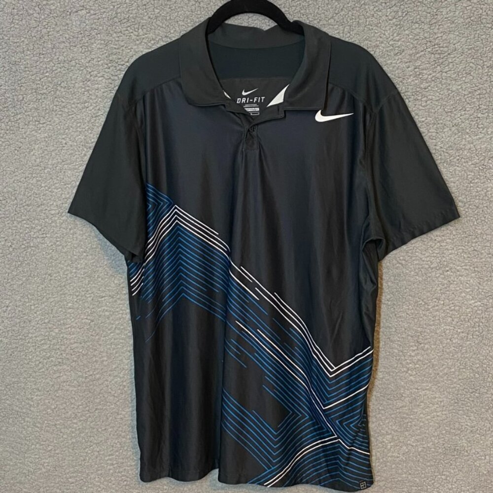 NIKE Tennis Dri-FIt Mens Polo Shirt Black with Blue/White Design Size Large